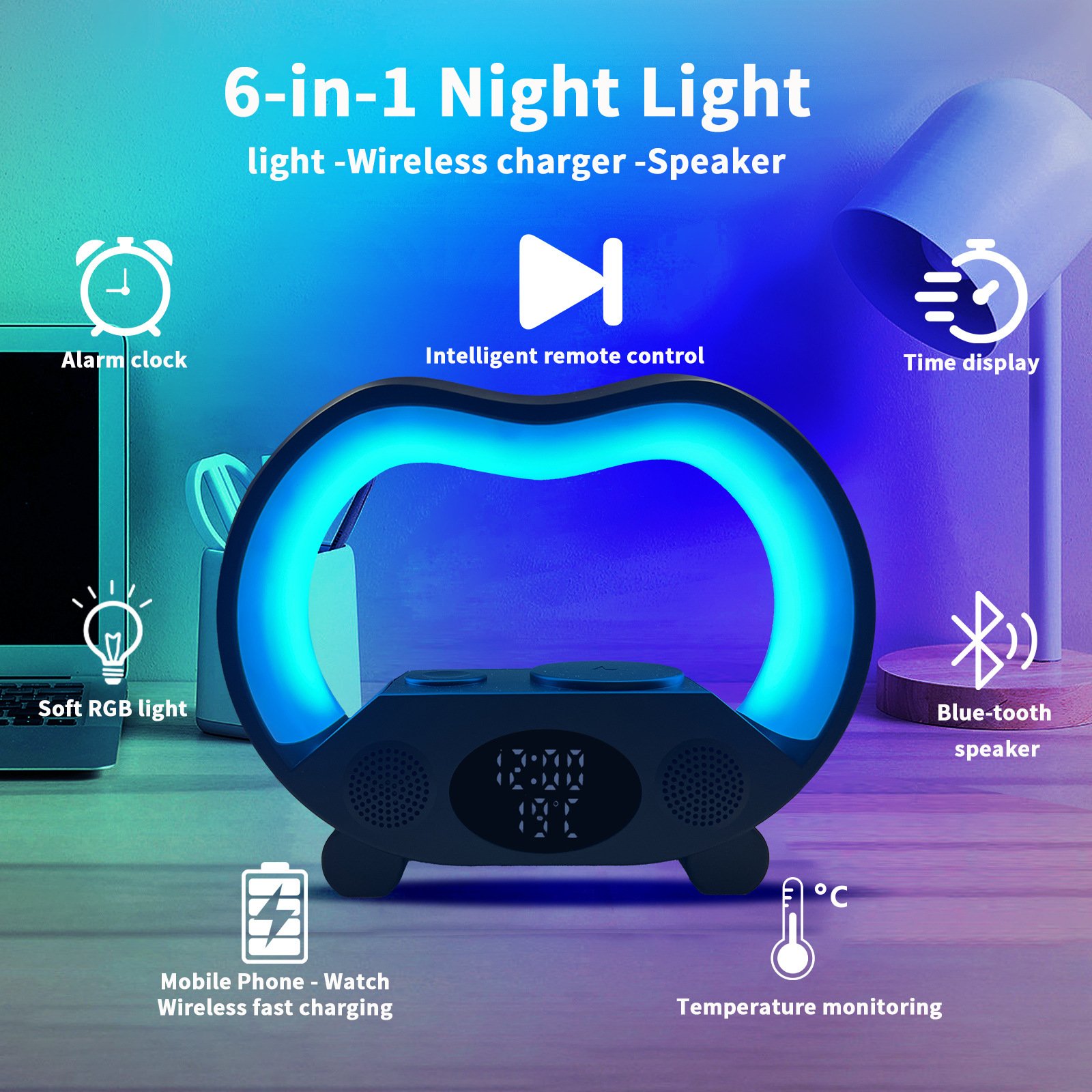 New 6-in-1 Smart Remote Control LED Table Lamp – Wireless Charger, Bluetooth Speaker & Night Light